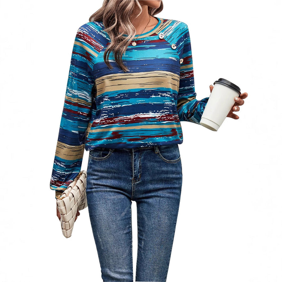 Damen gemusterter Langarm-Pullover mit kreativen Knopfdetails