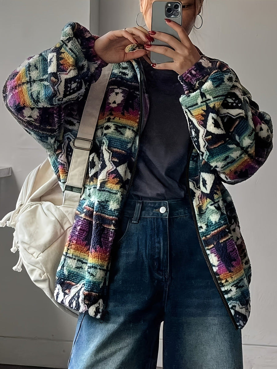 Damen Fleecejacke mit buntem Ethno-Muster und weichem Innenfutter