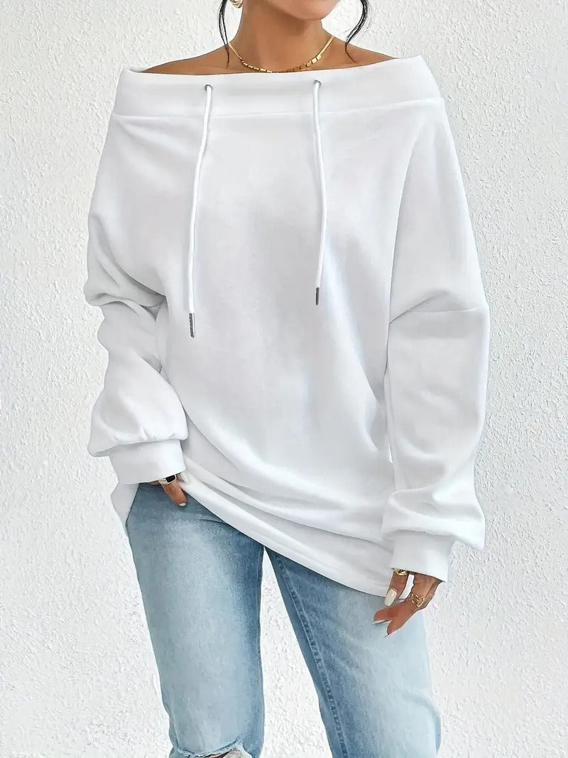 Damen lässiger Oversized-Pullover mit offenem Kragen und praktischen Kordelzügen