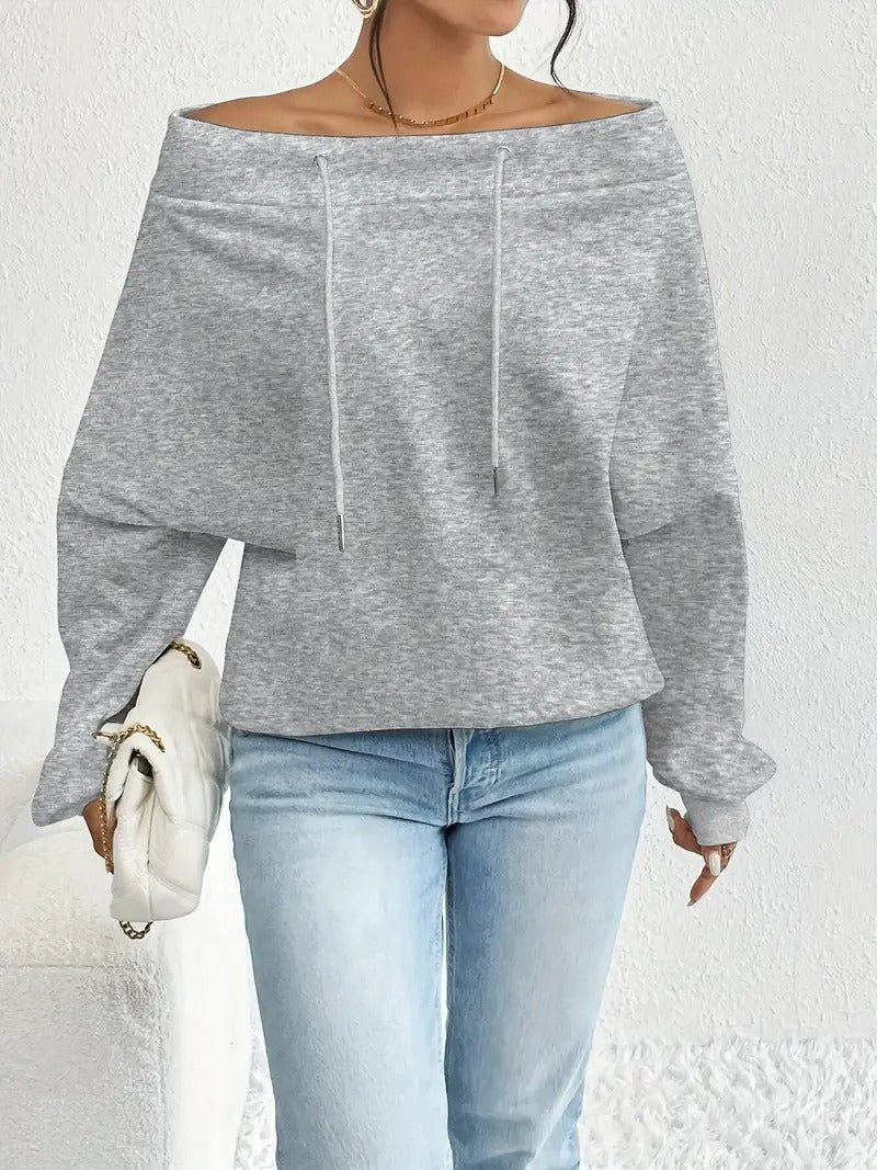 Damen lässiger Oversized-Pullover mit offenem Kragen und praktischen Kordelzügen