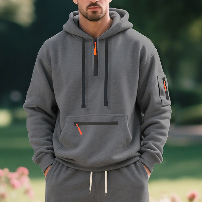 Herren nan technischer Freizeit-Hoodie mit kurzem mittigem Reißverschluss, Reißverschluss-Kängurutasche und Ärmeltasche Drune