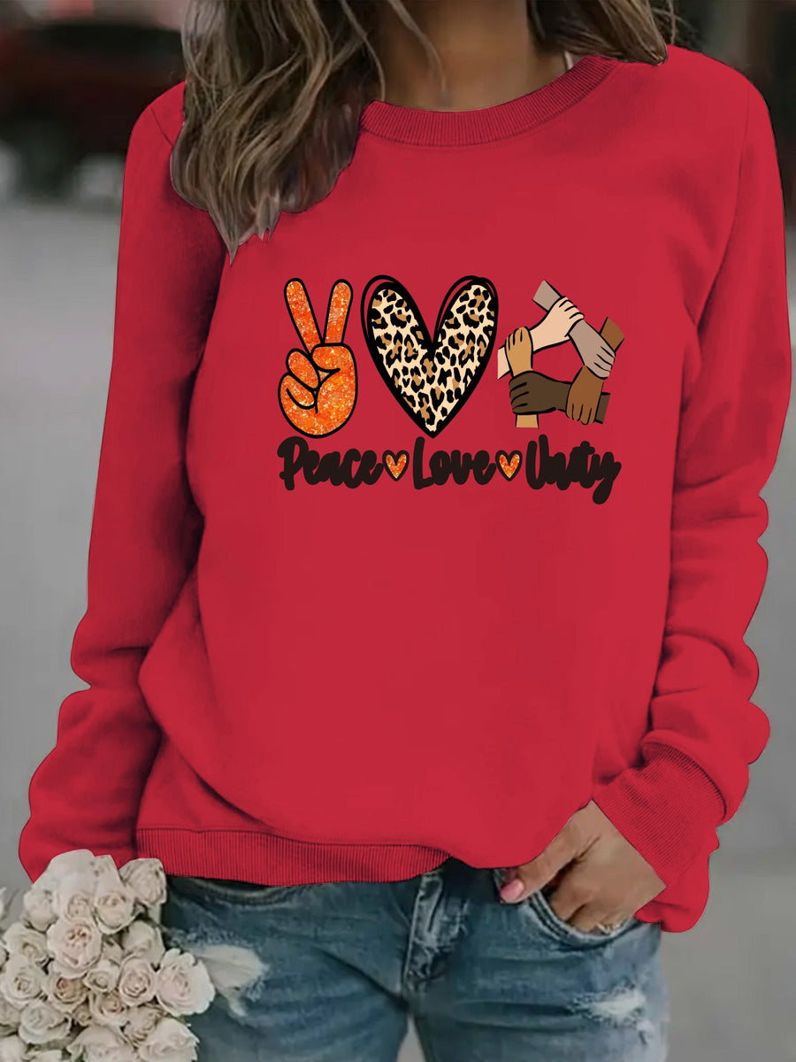 Damen Sweatshirt mit kreativem Peace, Love & Unity Motiv