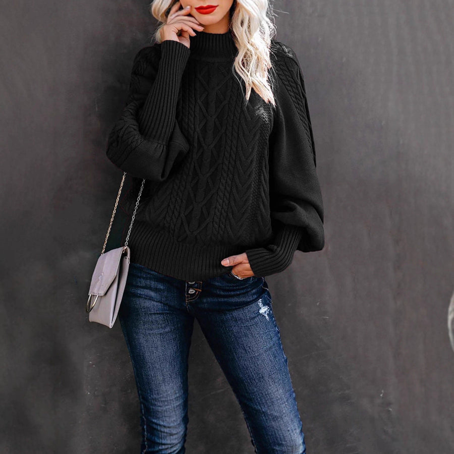 Damen Grobstrickpullover mit Stehkragen und Ballonärmeln