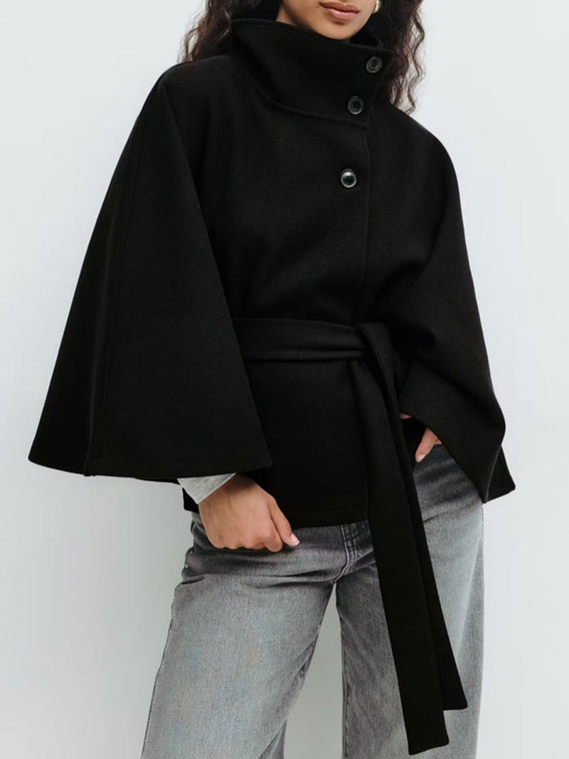 Damen stylische Umhangjacke mit hohem Kragen und Gürtel