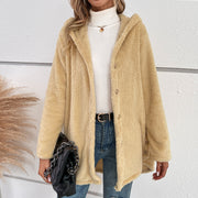 Damen flauschige Übergangsjacke mit Kapuze und Knopfverschluss