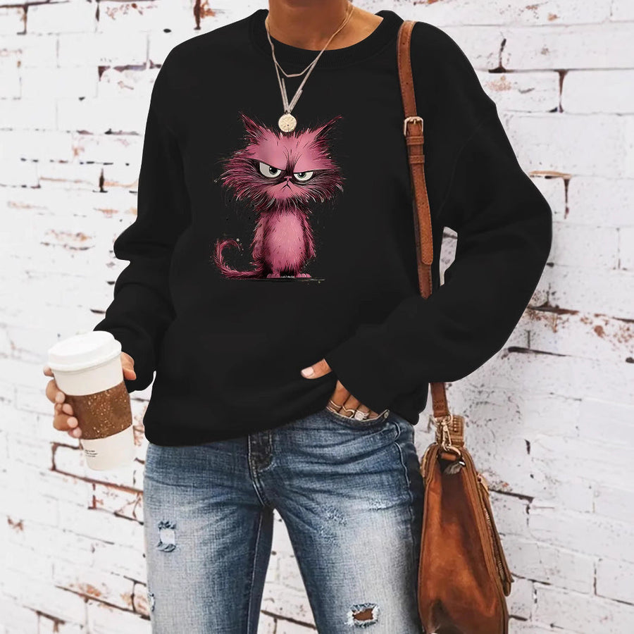 Damen Sweatshirt mit kreativem Katzenmotiv