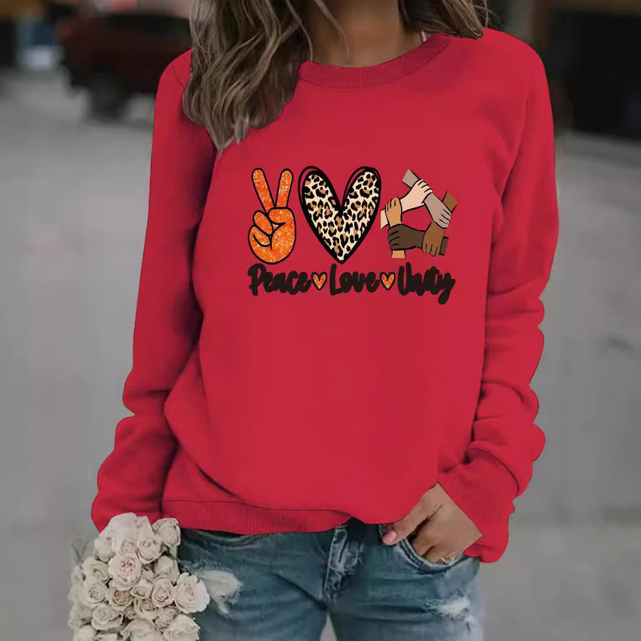Damen Sweatshirt mit kreativem Peace, Love & Unity Motiv