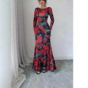 Damen Elegantes Maxikleid mit floralen Rüschendetails und langem Arm