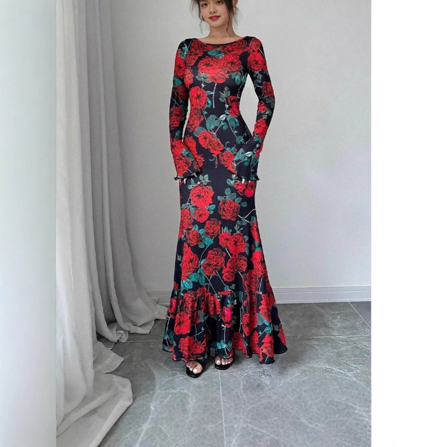 Damen Elegantes Maxikleid mit floralen Rüschendetails und langem Arm