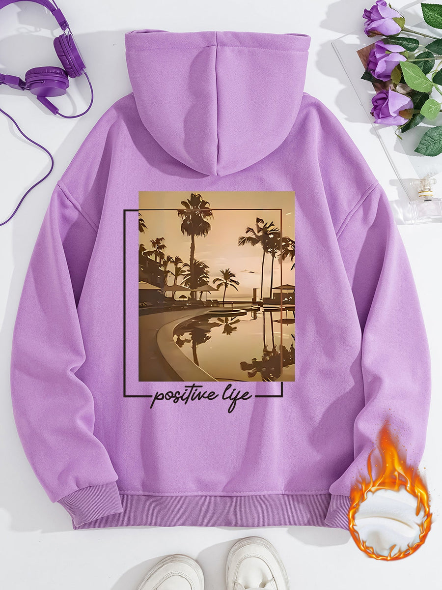 Damen Kapuzenpullover mit urbanem Palmenmotiv und positivem Schriftzug