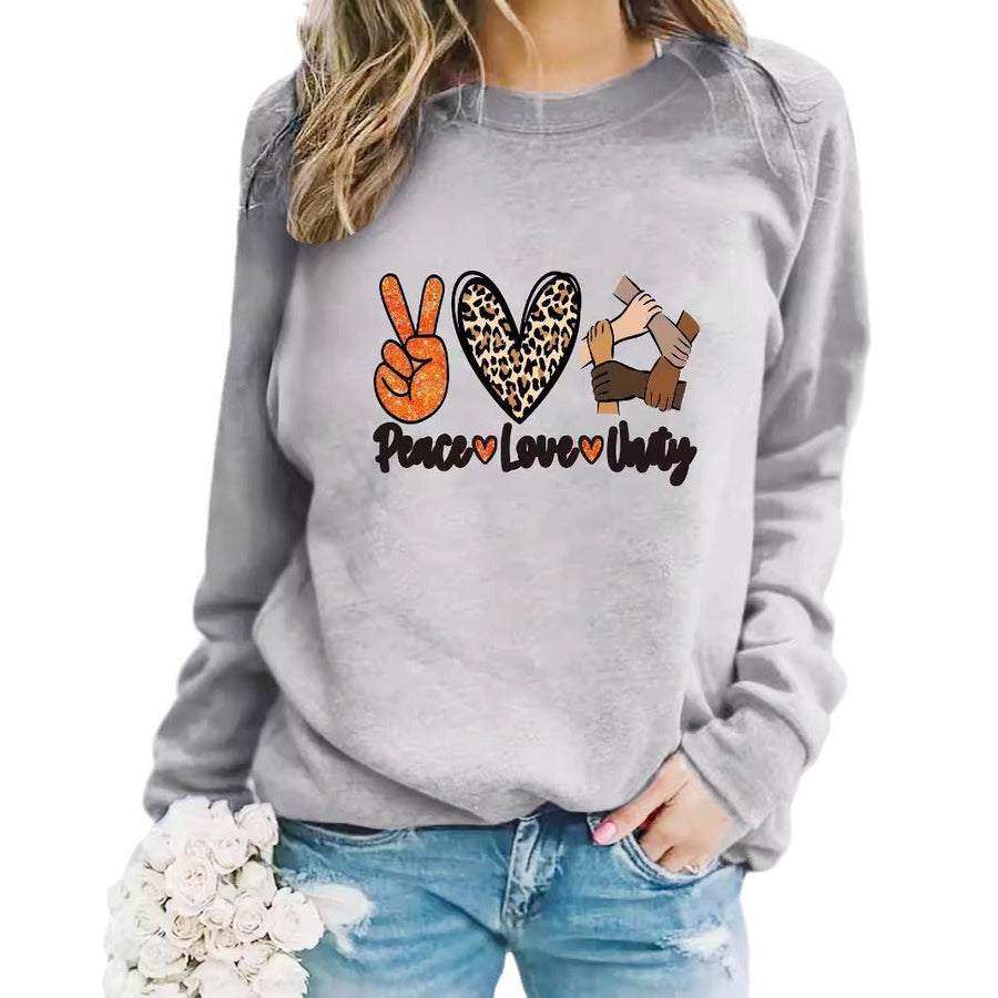 Damen Sweatshirt mit kreativem Peace, Love & Unity Motiv