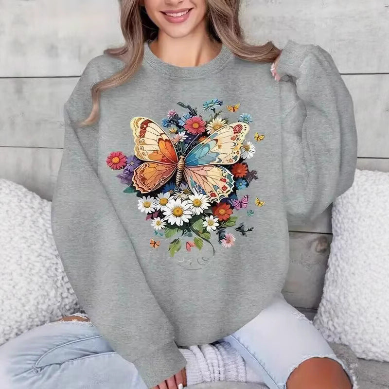 Damen Langarm Sweatshirt mit floralem Schmetterlingsdruck