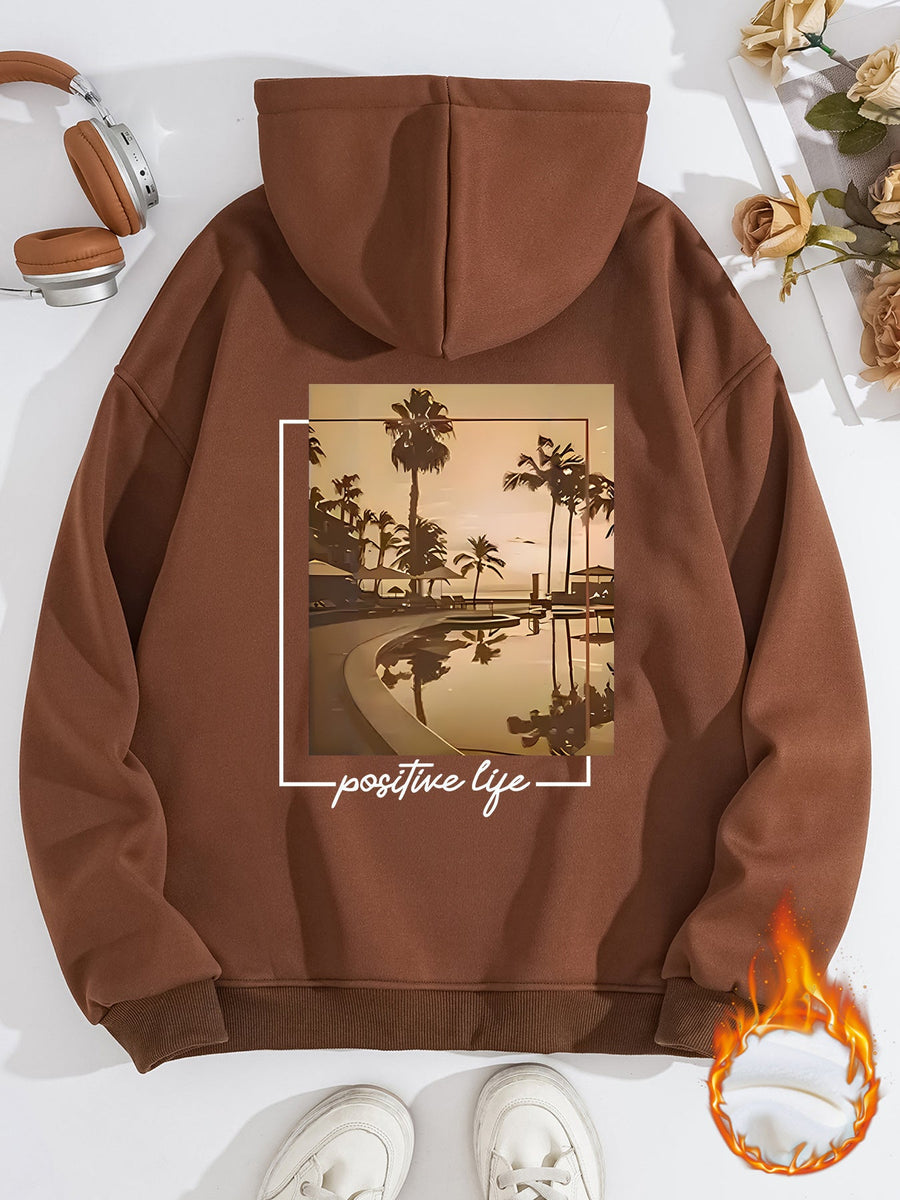 Damen Kapuzenpullover mit urbanem Palmenmotiv und positivem Schriftzug