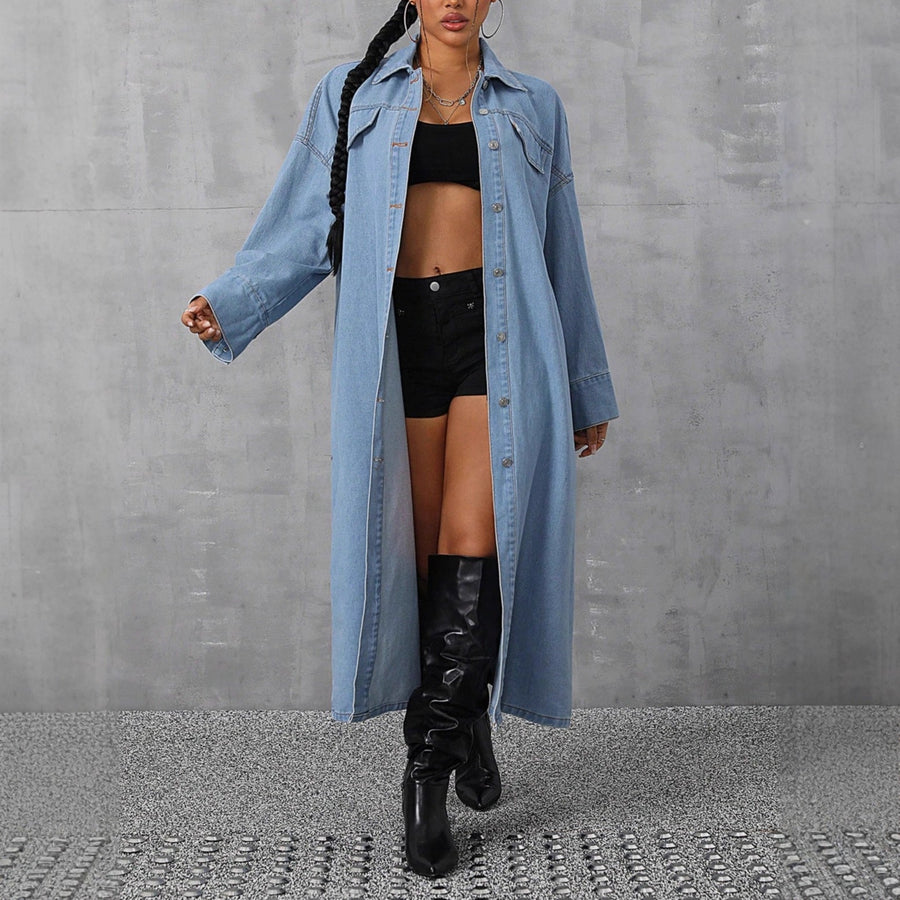 Damen Denim-Maxi-Jacke im lässigen Oversized-Schnitt mit bequemen Druckknöpfen und praktischen Taschen