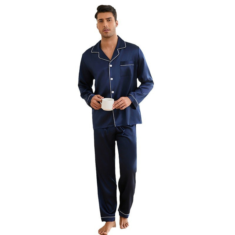 Herren Satin Schlafanzug-Set mit klassischem Kragen und eleganten Kontrastnähten Heidi-Mode