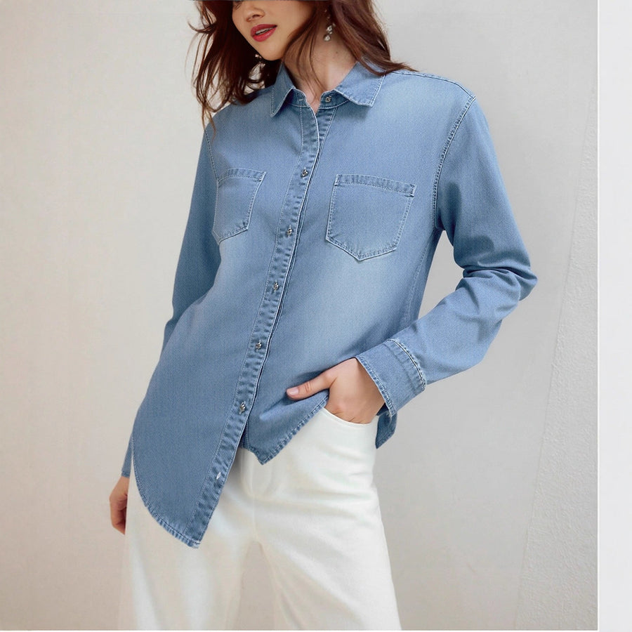 Damen Denim Hemd mit modernen Brusttaschen und elegante Knopfleiste