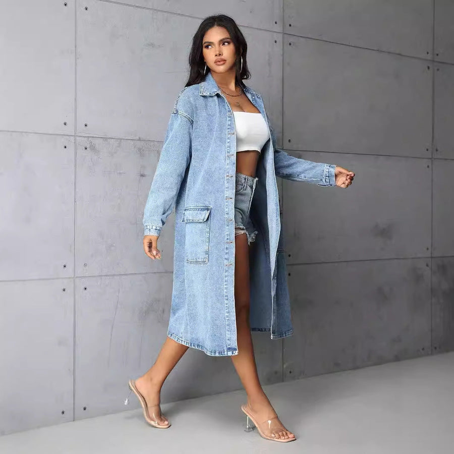 Damen Jeansjacke im長 Belichtungs-Vintage-Stil mit praktischen Taschen und Knopfleiste