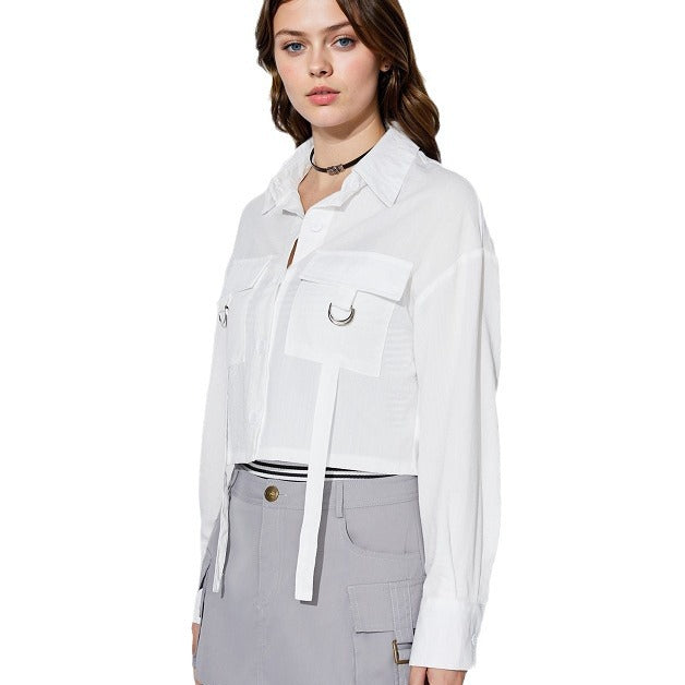 Damen cropped Hemdbluse mit praktischen Taschen und modernen Details