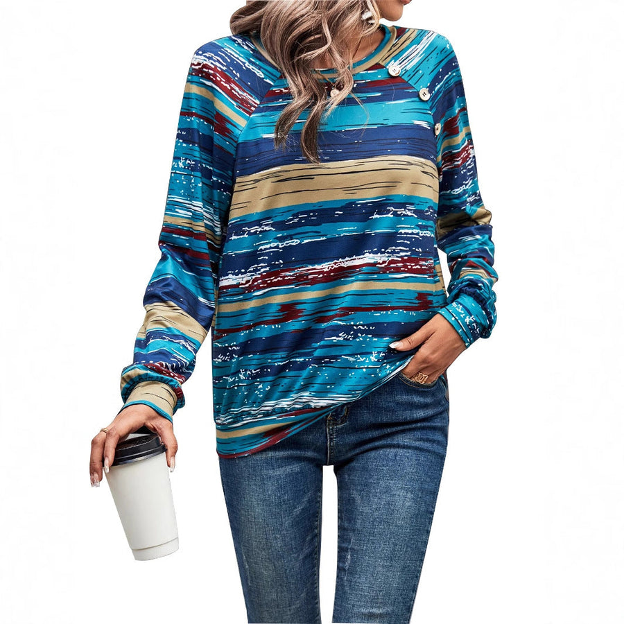 Damen gemusterter Langarm-Pullover mit kreativen Knopfdetails