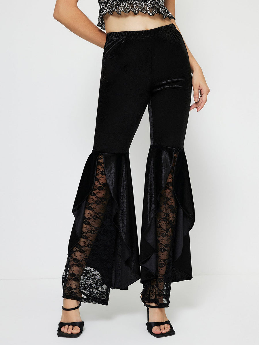 Damen elegante High-Waist Palazzo-Hose mit transparenten Spitzen-Einsätzen