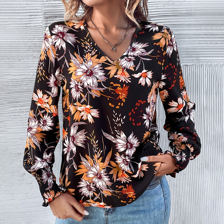Damen Bluse mit floralem Muster und elastischen Rüschendetails