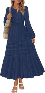 Damen Maxikleid mit eleganten Puffärmeln und gesmoktem Taillenbereich