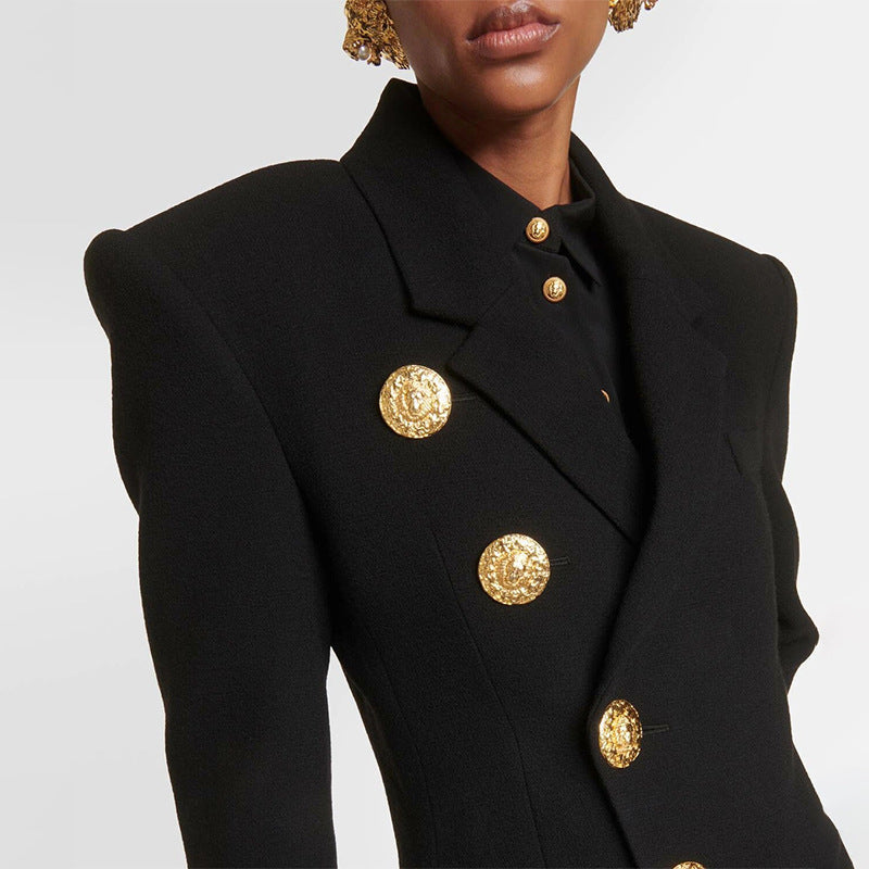 Oversized Damen Blazer mit goldenen Knöpfen – Schulterbetonter Bouclé‑Look