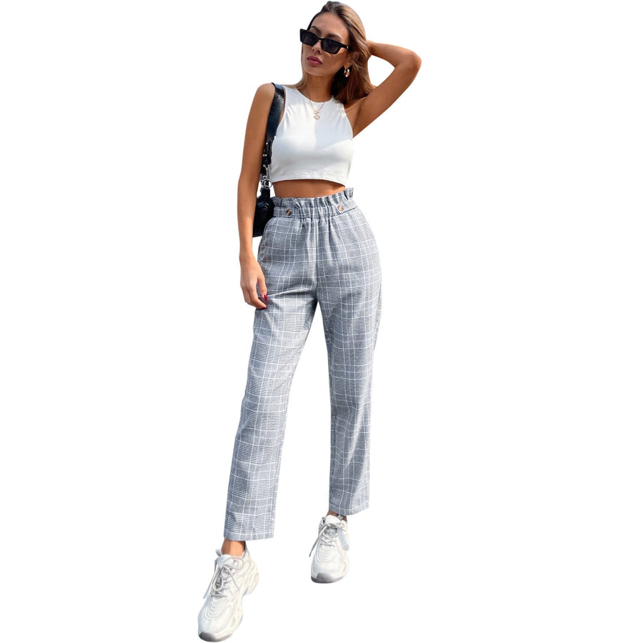 Damen elegante Karohose mit hohem Bund und seitlichen Knopfdetails