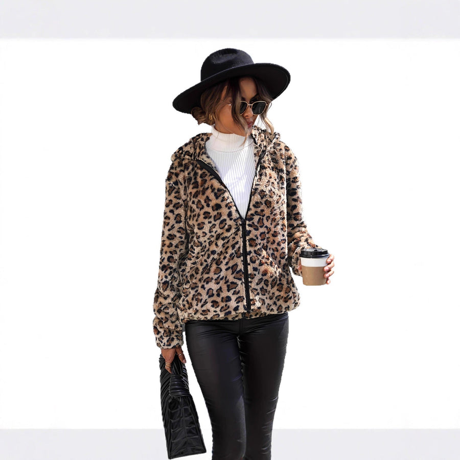 Damen Fleecejacke mit Leopardenmuster und praktischem Reißverschluss