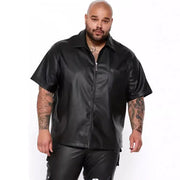 Herren lässige Kunstlederhemdjacke mit kurzem Arm und praktischen Reißverschlusstaschen Aliams