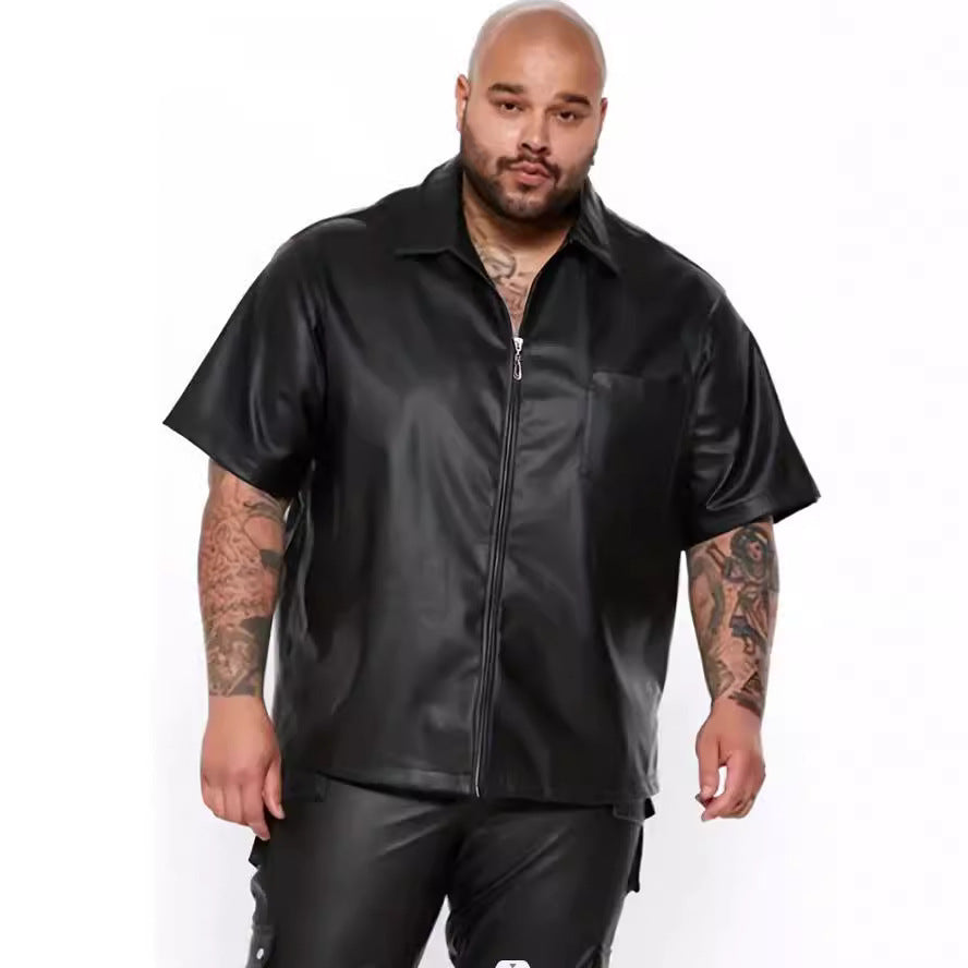 Herren lässige Kunstlederhemdjacke mit kurzem Arm und praktischen Reißverschlusstaschen Aliams