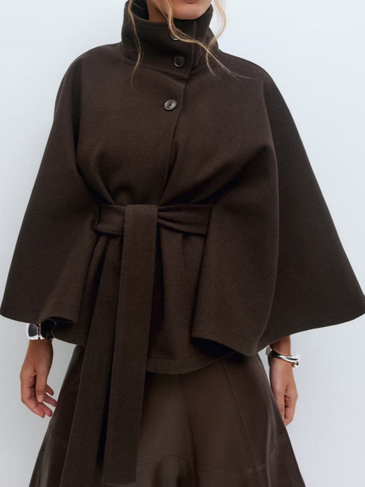 Damen stylische Umhangjacke mit hohem Kragen und Gürtel