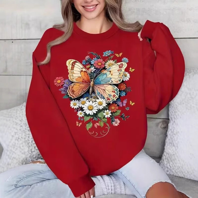 Damen Langarm Sweatshirt mit floralem Schmetterlingsdruck