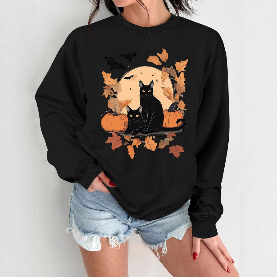 Damen Sweatshirt mit herbstlichem Katzen- und Kürbisdesign