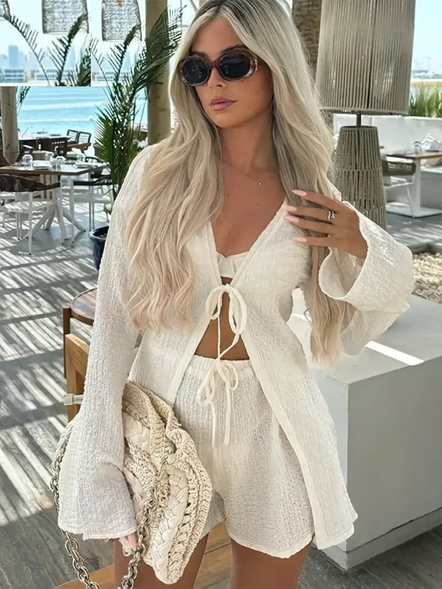 Damen Strick-Set mit lässiger Shorts und durchgehendem Reißverschluss
