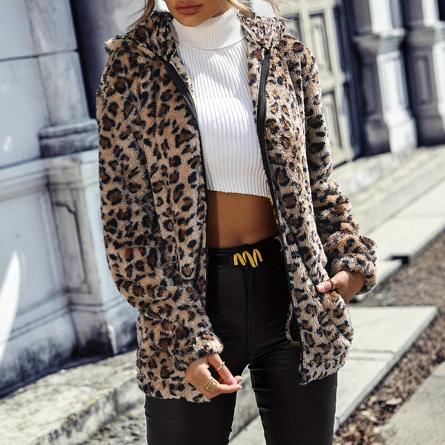 Damen Fleecejacke mit Leopardenmuster und praktischem Reißverschluss