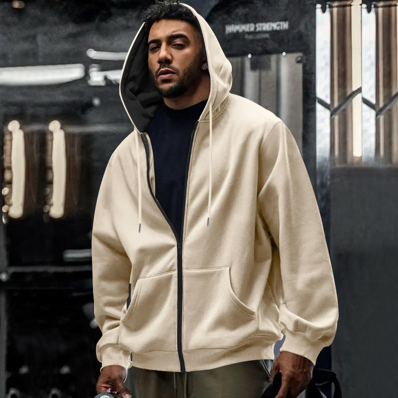 Herren nan oversized Zip-Hoodie mit durchgehendem Reißverschluss, Kängurutasche und gerippten Bündchen Drune