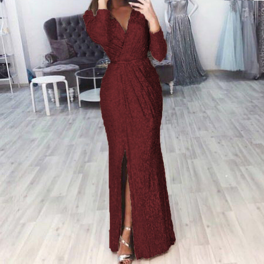 Damen langes Abendkleid mit elegantem Wickelschnitt und Schlitz