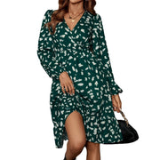 Damen elegantes Midikleid mit V-Ausschnitt und voluminösen Ärmeln