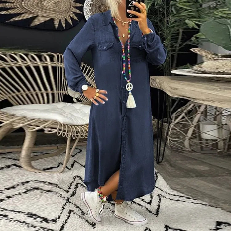 Magdalena - Lässiges langärmliges Hemdblusenkleid aus Denim mit Button-Down-Front
