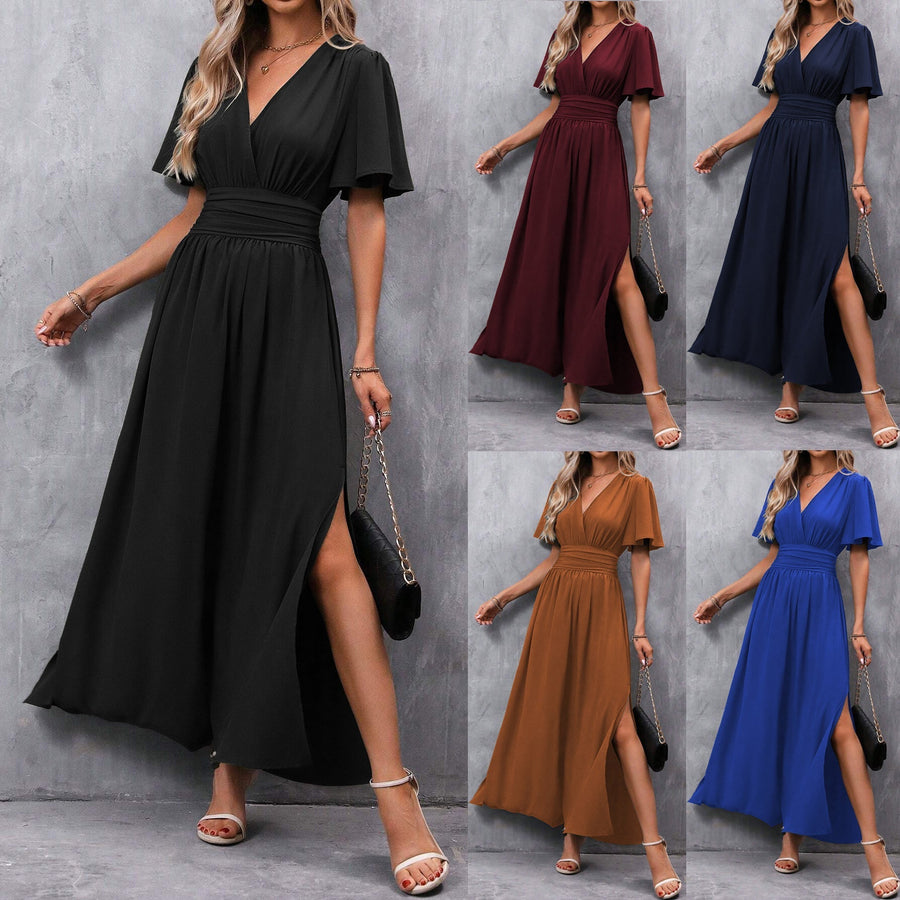 Schwarzes Maxikleid Damen – V-Ausschnitt, Schlitz & Flatterärmel