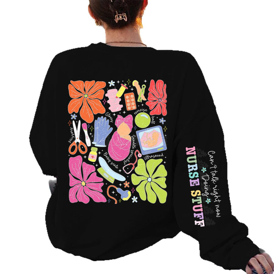 Damen Sweatshirt mit buntem Grafikdesign und originellem Pflege-Motiv