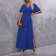Schwarzes Maxikleid Damen – V-Ausschnitt, Schlitz & Flatterärmel