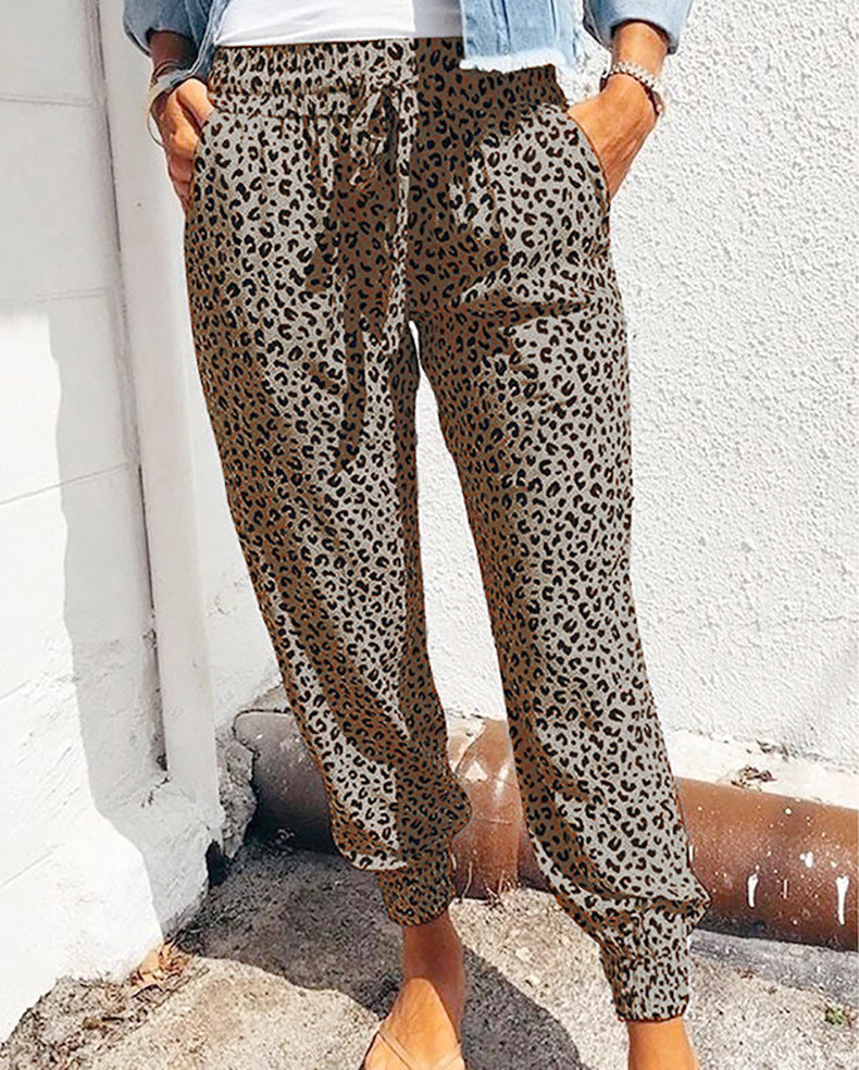 Damen nan lässige Leoparden-Print Jogginghose mit Tunnelzug, Eingrifftaschen und elastischen Bündchen Drune