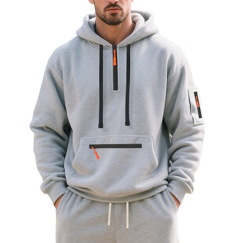 Herren nan technischer Freizeit-Hoodie mit kurzem mittigem Reißverschluss, Reißverschluss-Kängurutasche und Ärmeltasche Drune