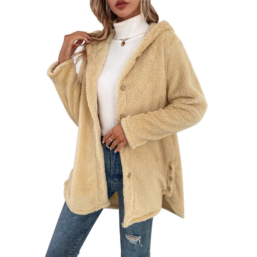 Damen flauschige Übergangsjacke mit Kapuze und Knopfverschluss