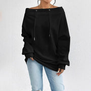 Damen lässiger Oversized-Pullover mit offenem Kragen und praktischen Kordelzügen