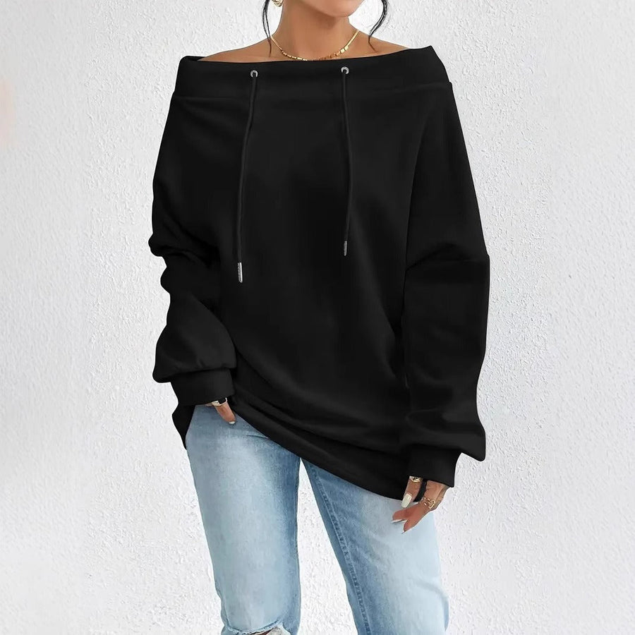 Damen lässiger Oversized-Pullover mit offenem Kragen und praktischen Kordelzügen