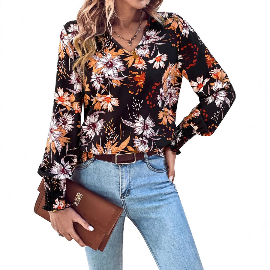 Damen Bluse mit floralem Muster und elastischen Rüschendetails