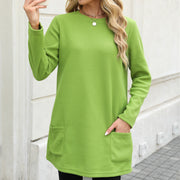 Damen nan legeres Fleece-Tunika-Kleid mit Rundhalsausschnitt und aufgesetzten Taschen Drune